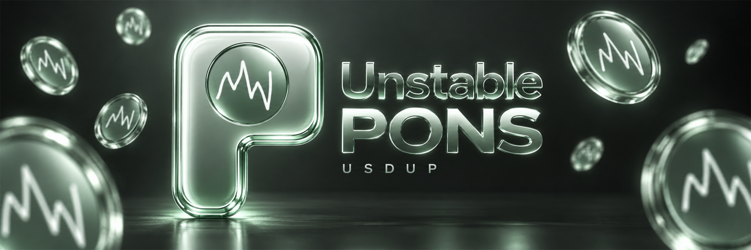 Chrome and pale green glass Unstable PONS lettering surrounded by floating USDUP coins